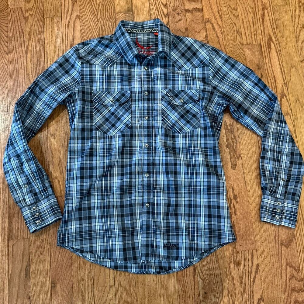 McAlpin Western Shirt Mens M Blue Plaid Pearl Snap Cowboy Button Up